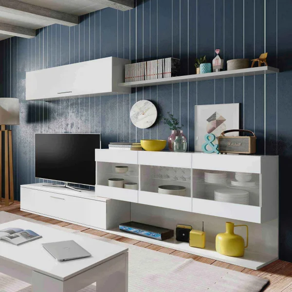 Mueble modular para salón con vitrina y estantería,color gris y blanco